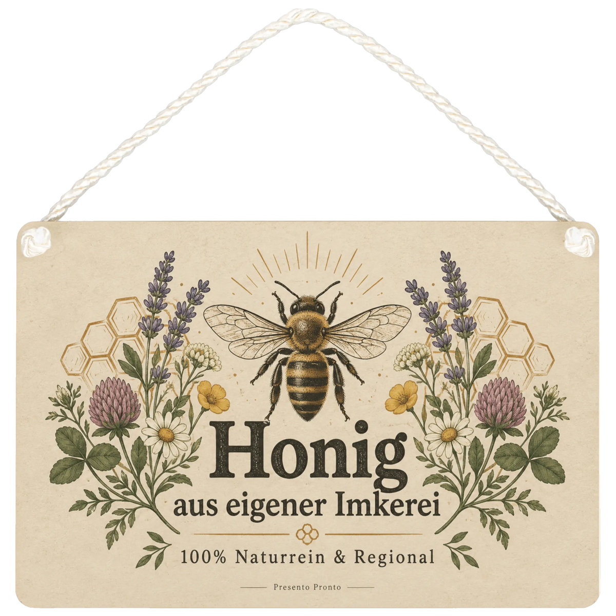 Rustikales Schild für Honig aus eigener Imkerei mit Biene