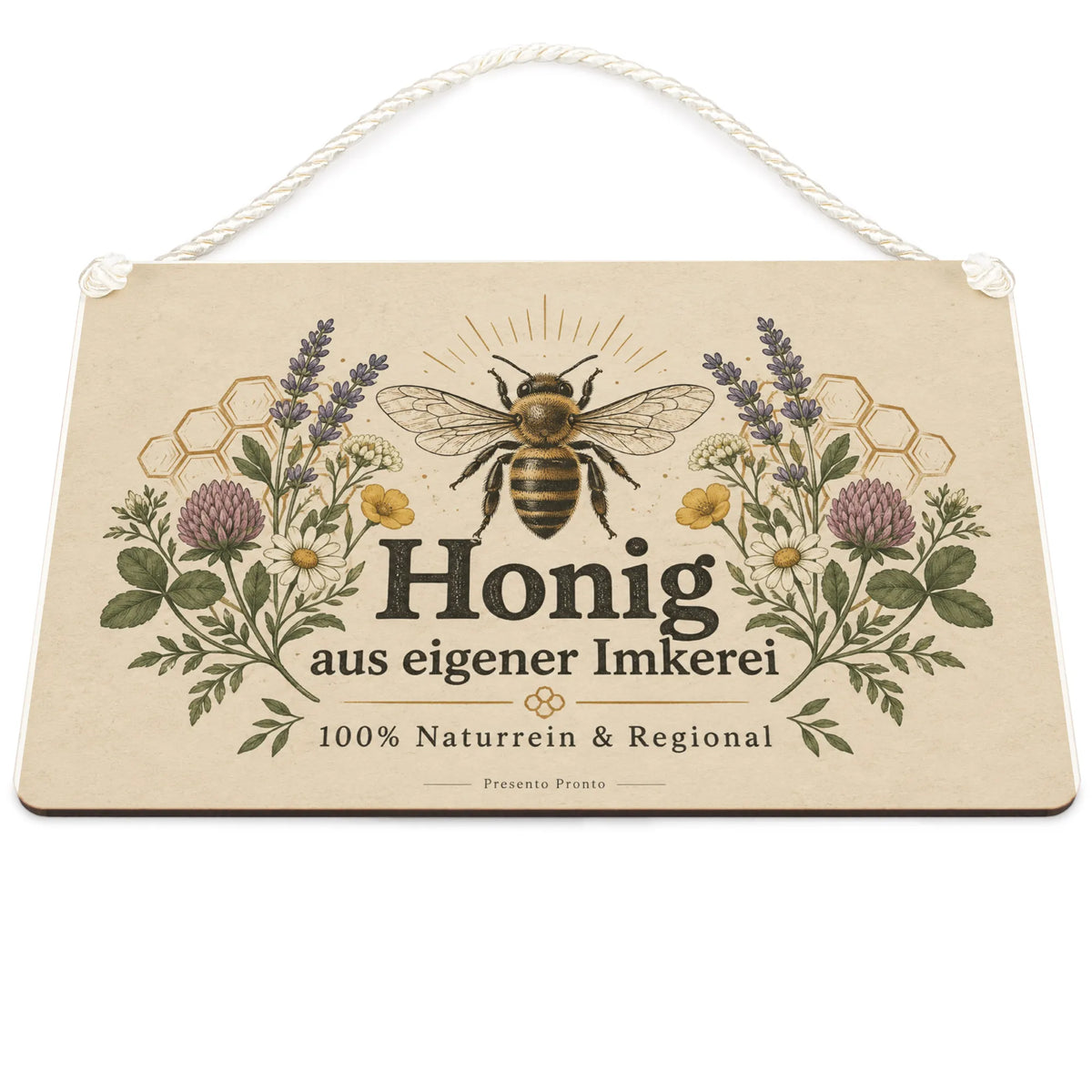 Rustikales Schild für Honig aus eigener Imkerei mit Biene