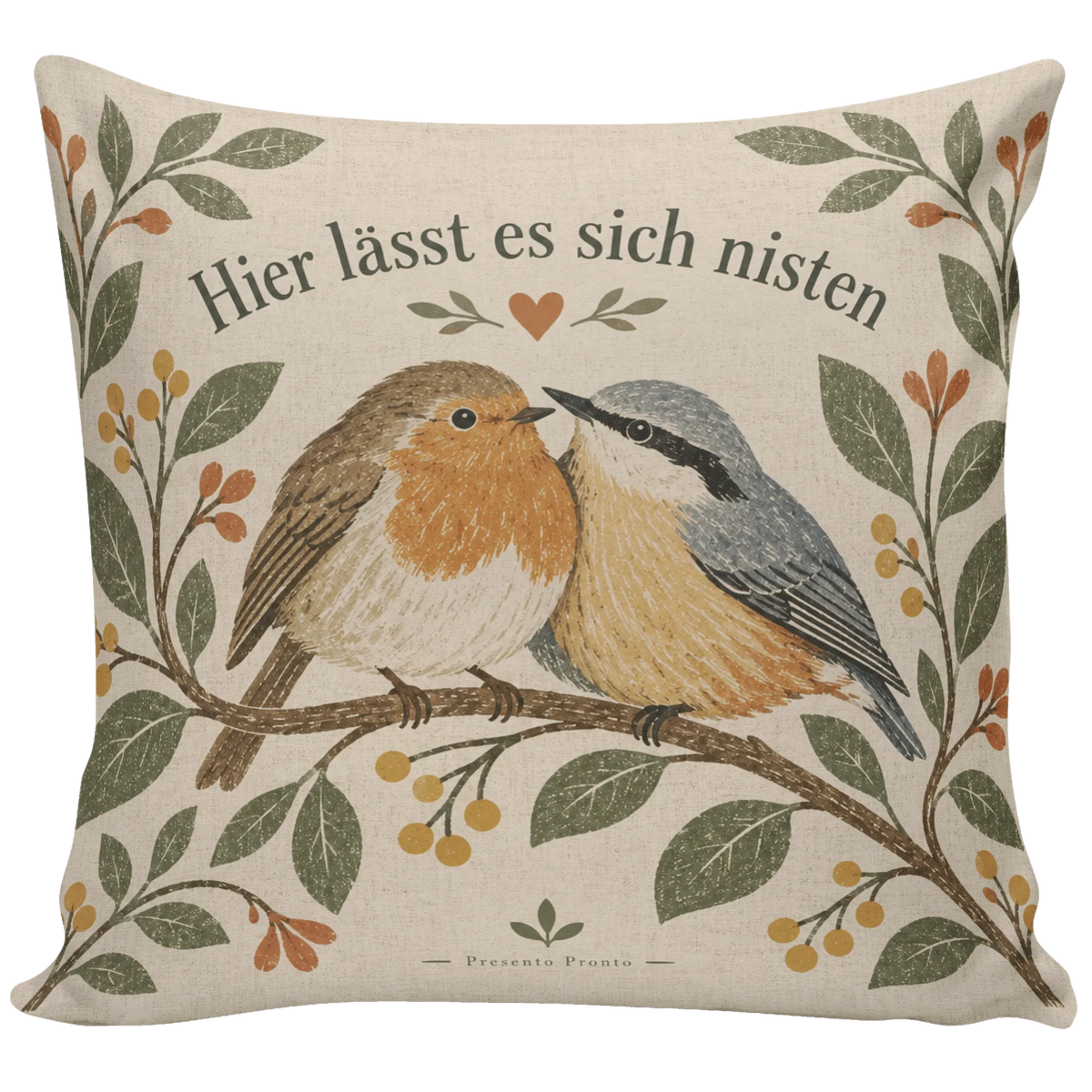 Gemütliches Kissen mit Vögeln für Vogelfans auf Beerenzweig