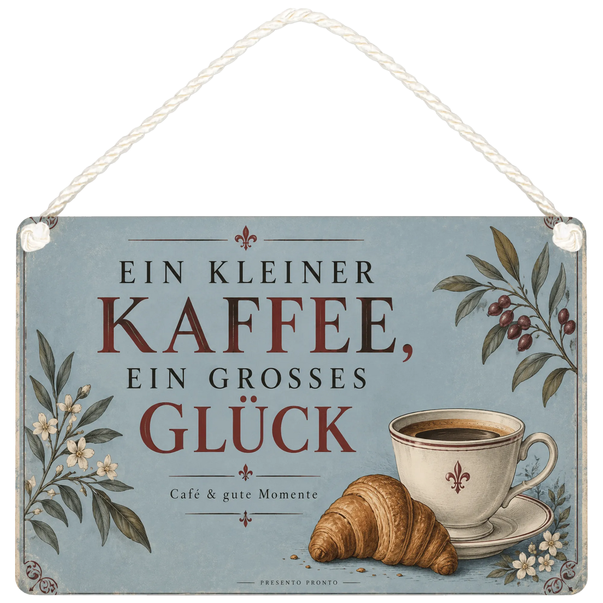 Elegantes Schild fürs Café mit Kaffeetasse und Croissant
