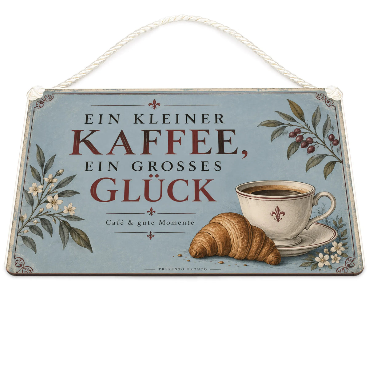 Elegantes Schild fürs Café mit Kaffeetasse und Croissant