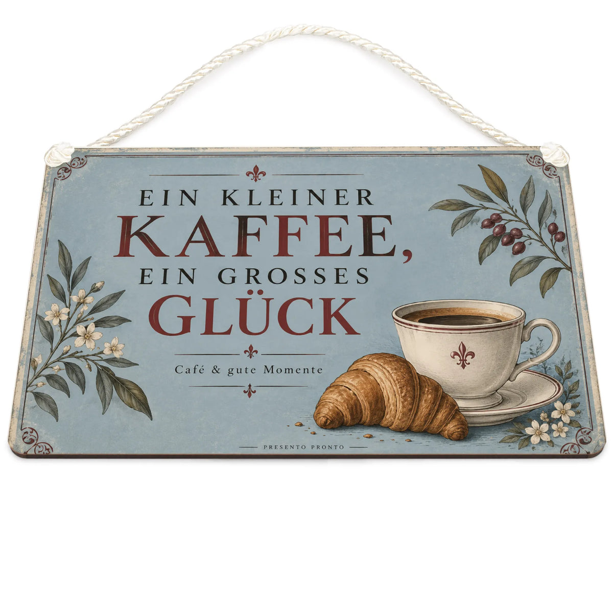Elegantes Schild fürs Café mit Kaffeetasse und Croissant