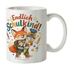 Fröhliche Tasse für Schulkinder mit Fuchs und Schultüte