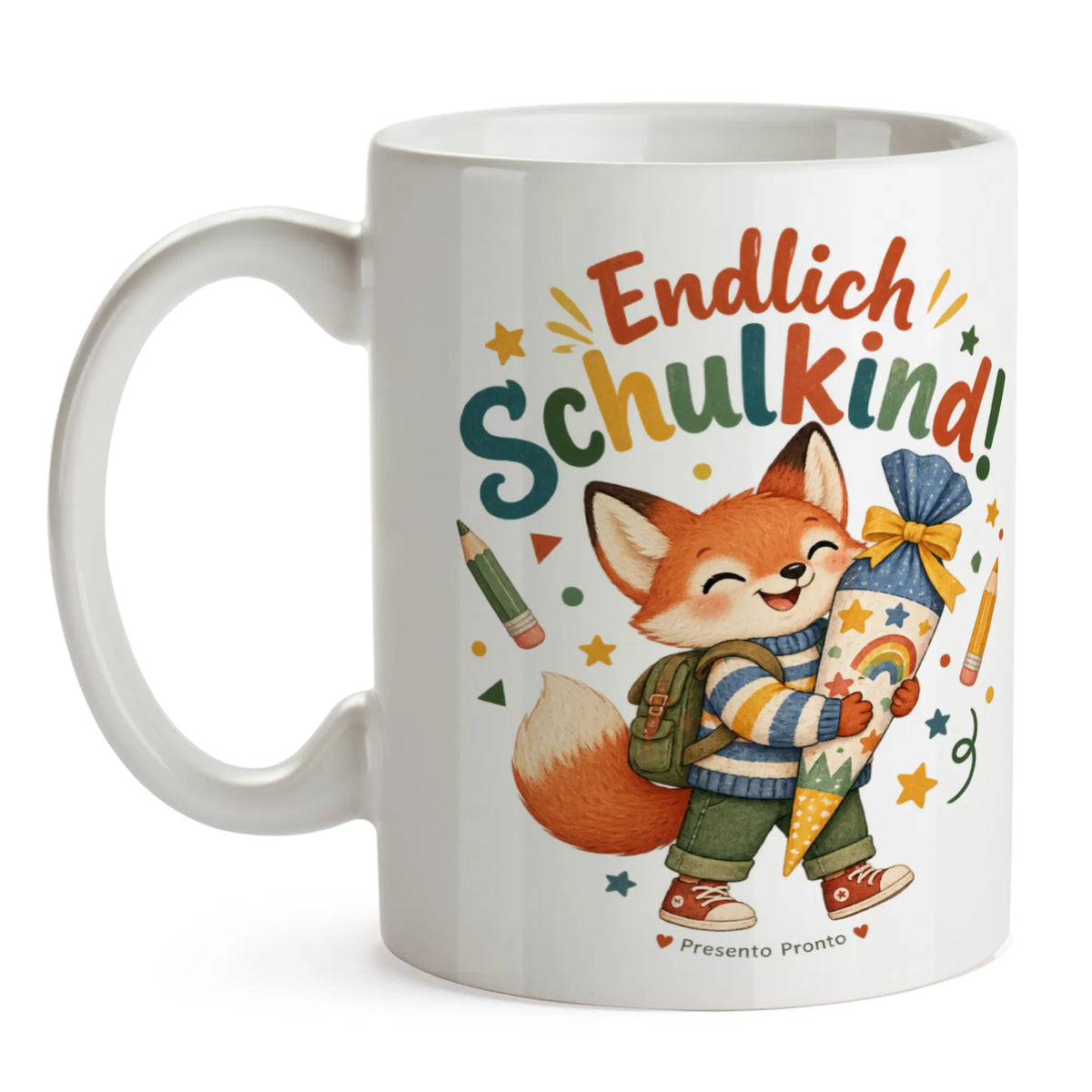 Fröhliche Tasse für Schulkinder mit Fuchs und Schultüte