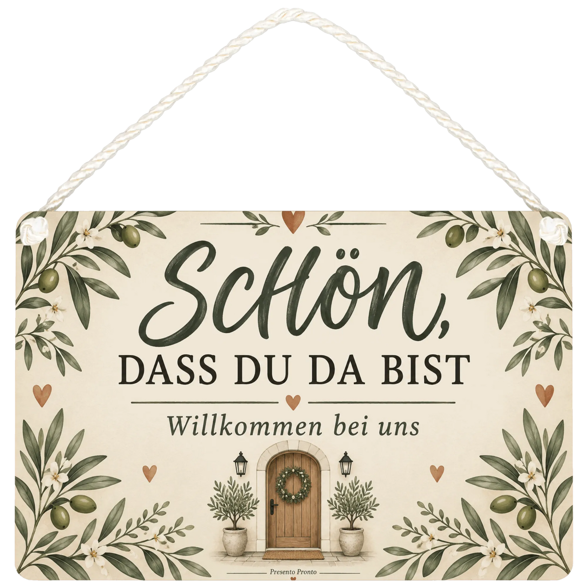 Herzliches Schild für Gäste mit Olivenzweigen
