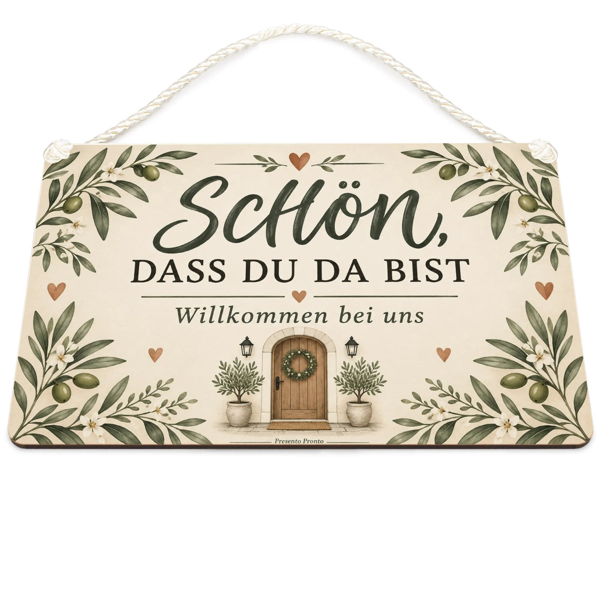 Herzliches Schild für Gäste mit Olivenzweigen