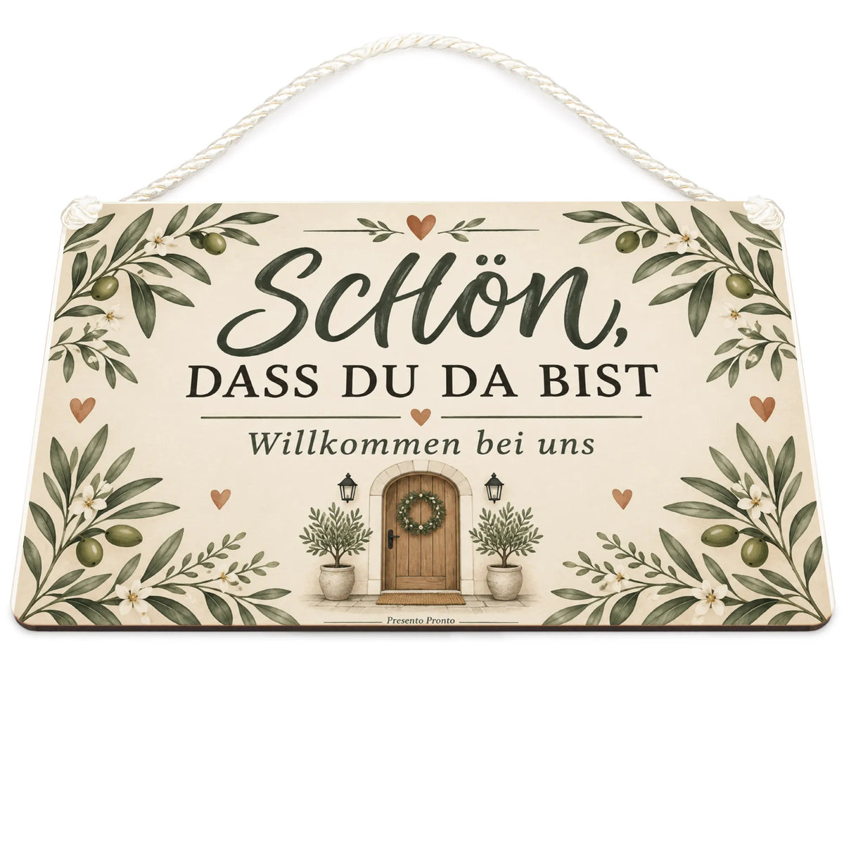 Herzliches Schild für Gäste mit Olivenzweigen