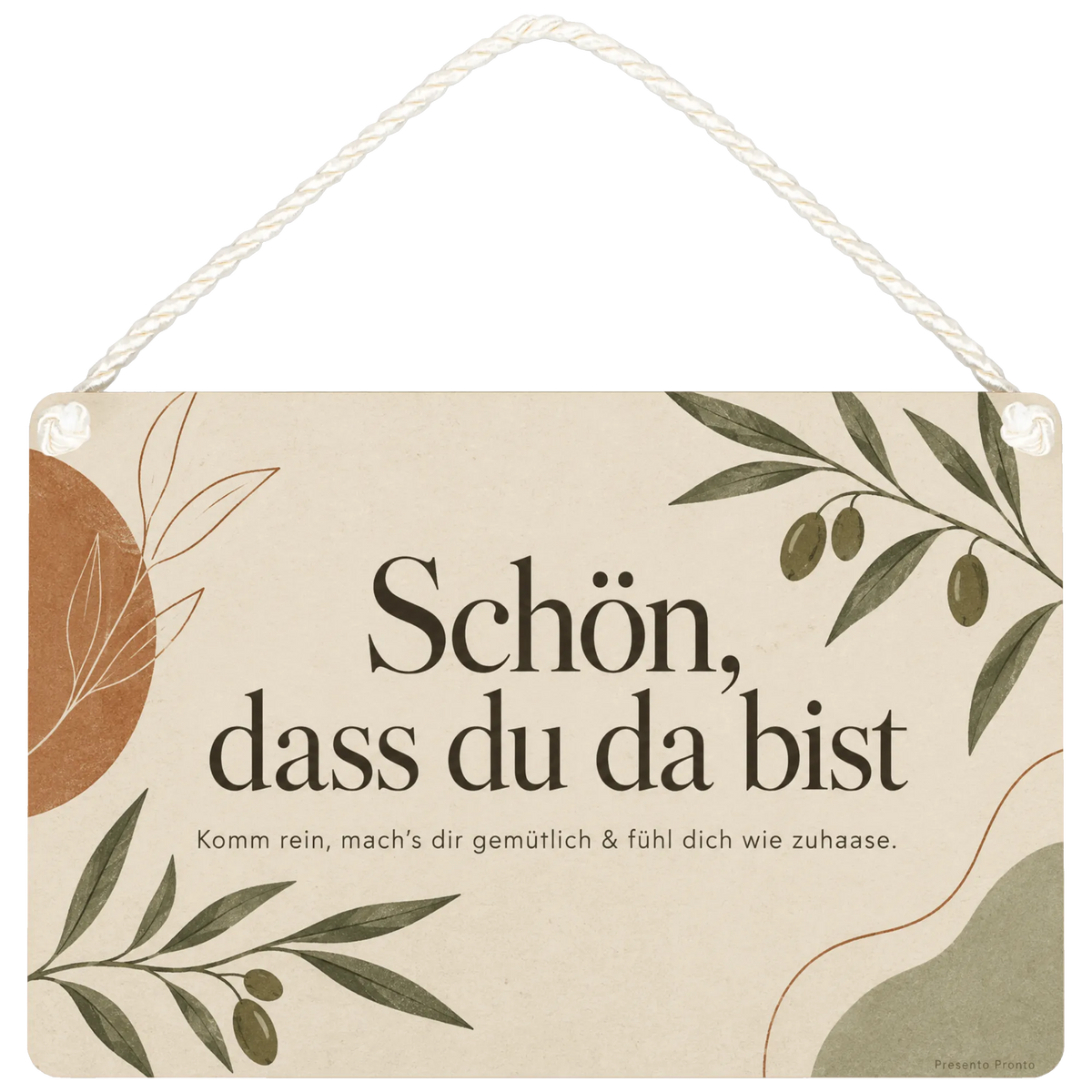 Einladendes Schild für Gäste mit Olivenzweigen