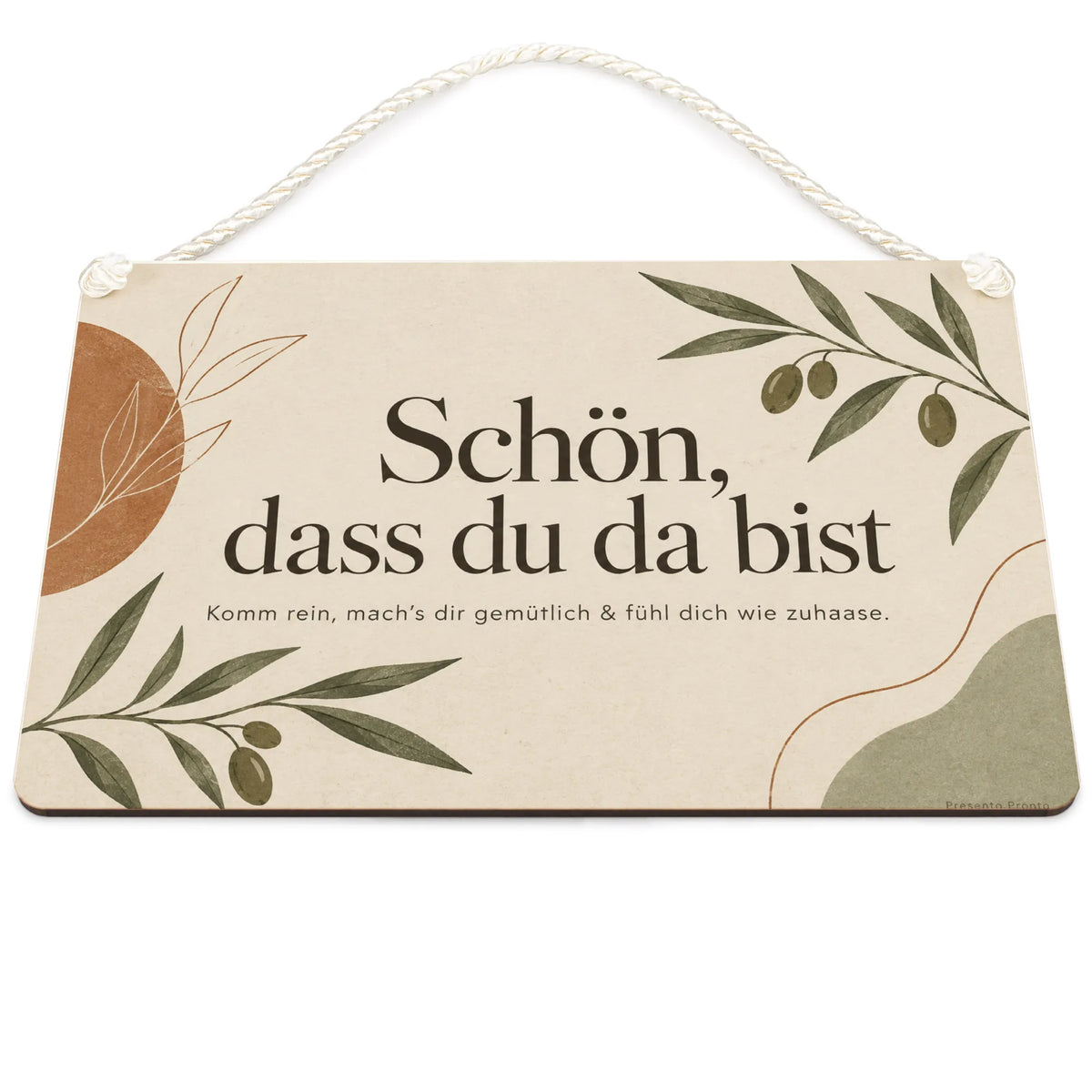 Einladendes Schild für Gäste mit Olivenzweigen