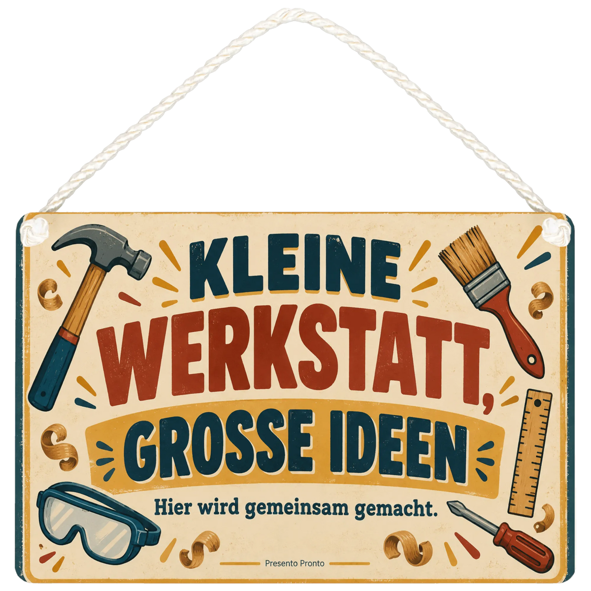 Freundliches Schild für Papas Werkstatt mit Hammer und Pinsel