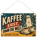 Lustiges Vintage Holzbild für Kaffeeliebhaber mit Kaffeekanne