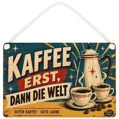 Lustiges Vintage Holzbild für Kaffeeliebhaber mit Kaffeekanne