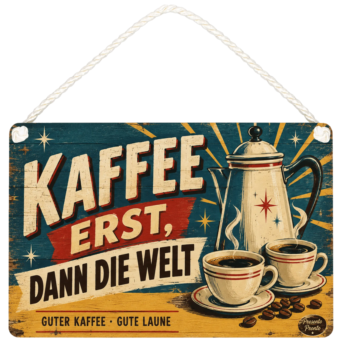 Lustiges Vintage Holzbild für Kaffeeliebhaber mit Kaffeekanne