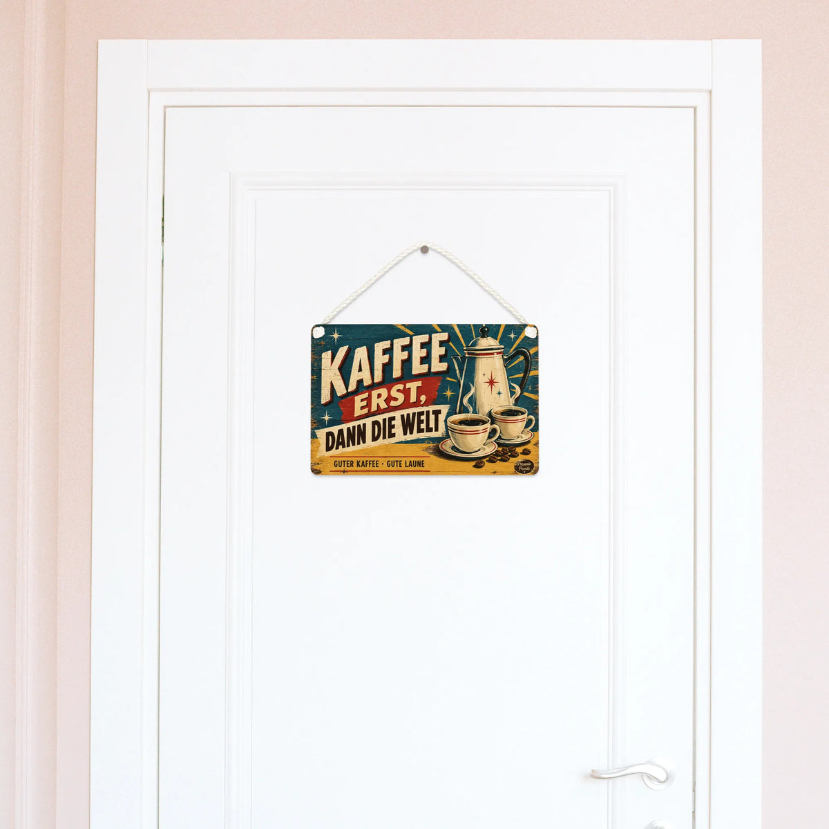 Lustiges Vintage Holzbild für Kaffeeliebhaber mit Kaffeekanne