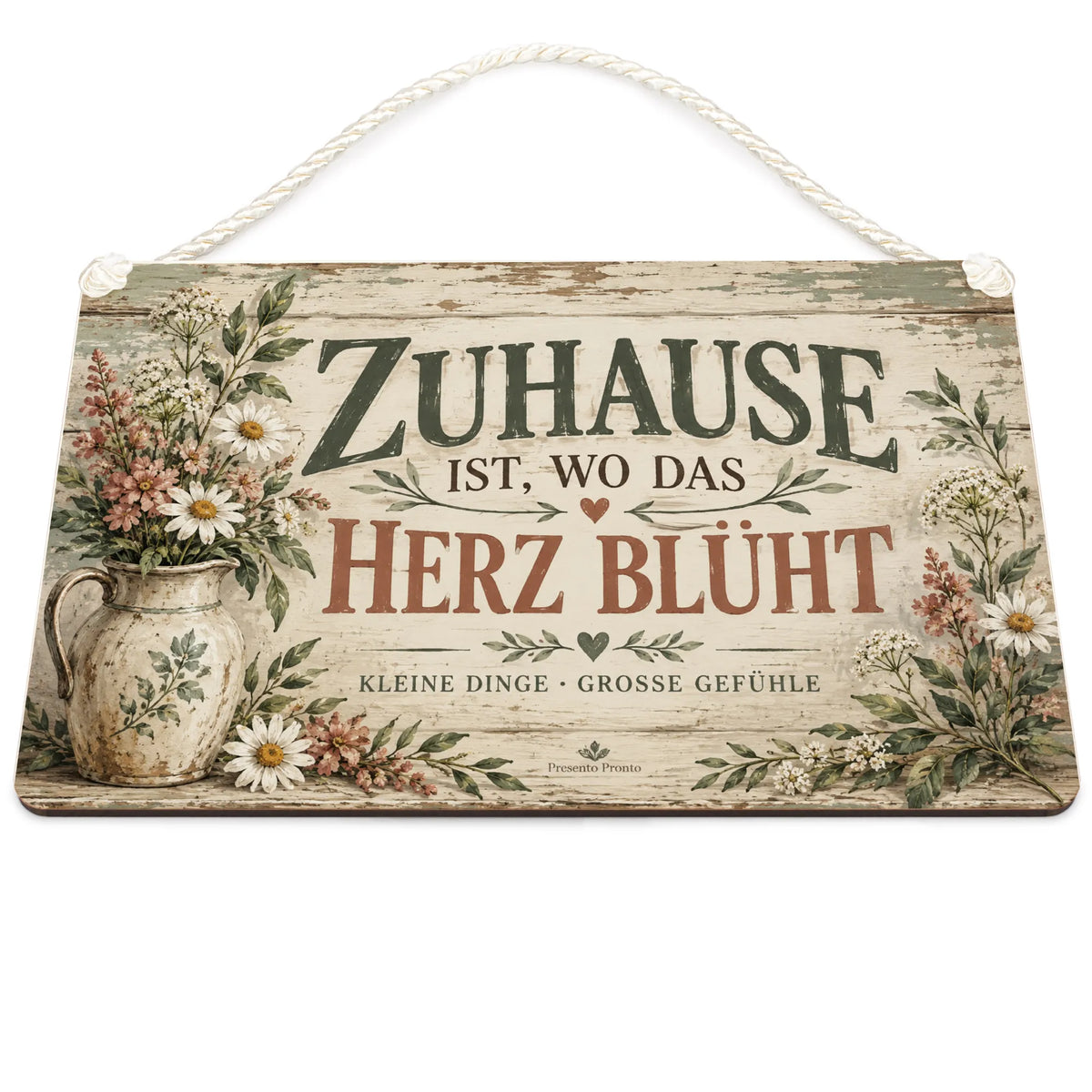 Herzliches Vintage Holzbild für Zuhause mit Wildblumen