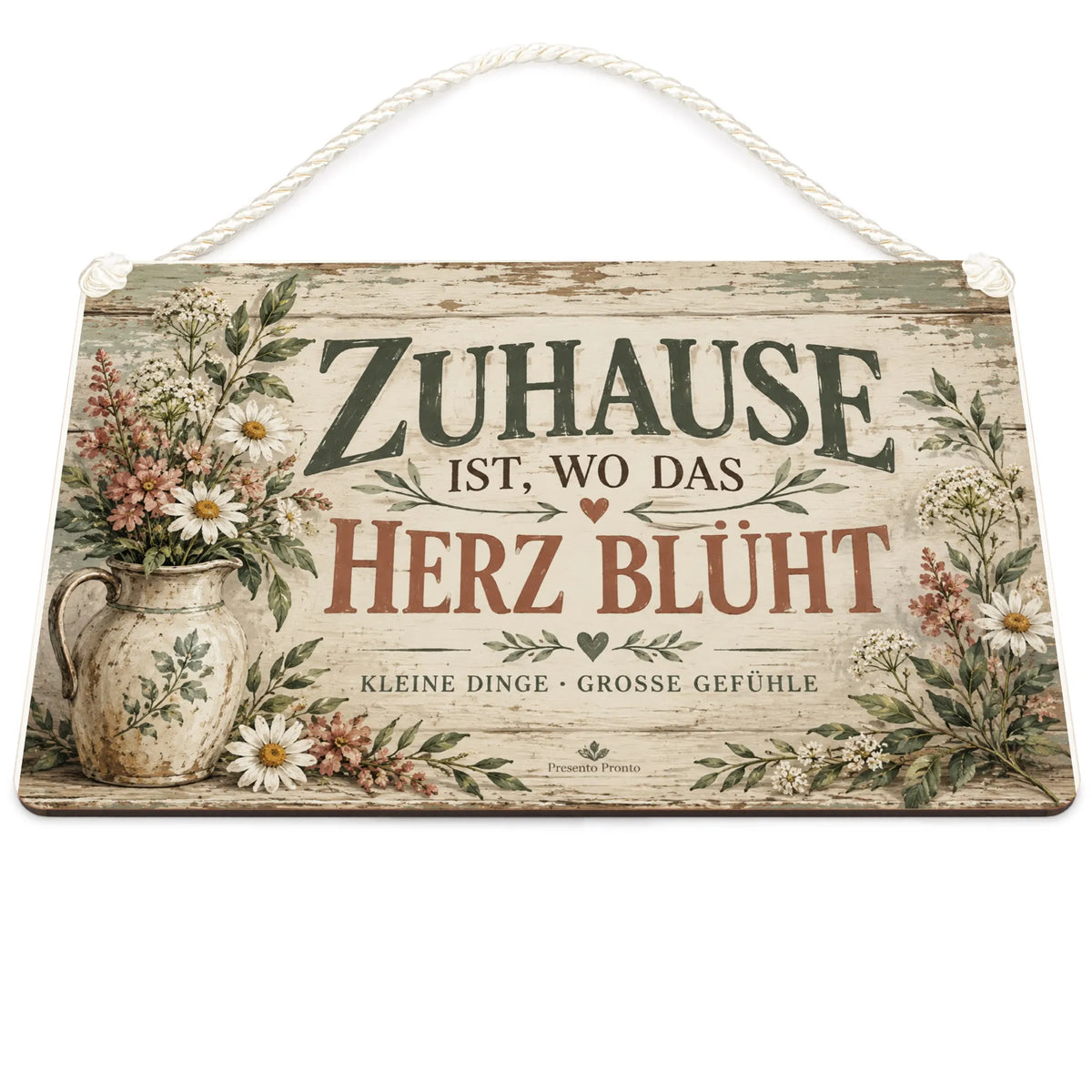 Herzliches Vintage Holzbild für Zuhause mit Wildblumen