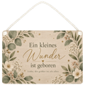 Elegantes Holzschild zur Geburt mit Eukalyptus und Sternen