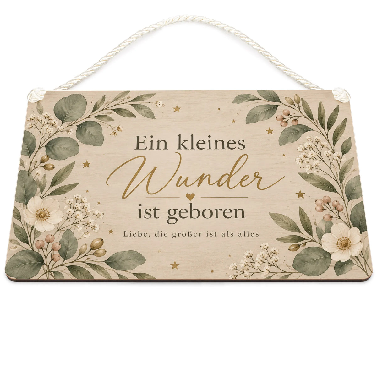 Elegantes Holzschild zur Geburt mit Eukalyptus und Sternen