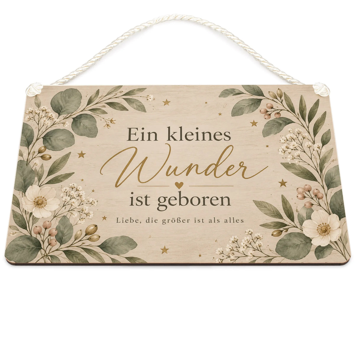 Elegantes Holzschild zur Geburt mit Eukalyptus und Sternen