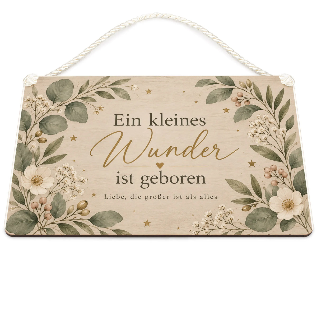 Elegantes Holzschild zur Geburt mit Eukalyptus und Sternen