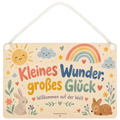 Süßes Holzschild zur Geburt mit lächelnder Sonne