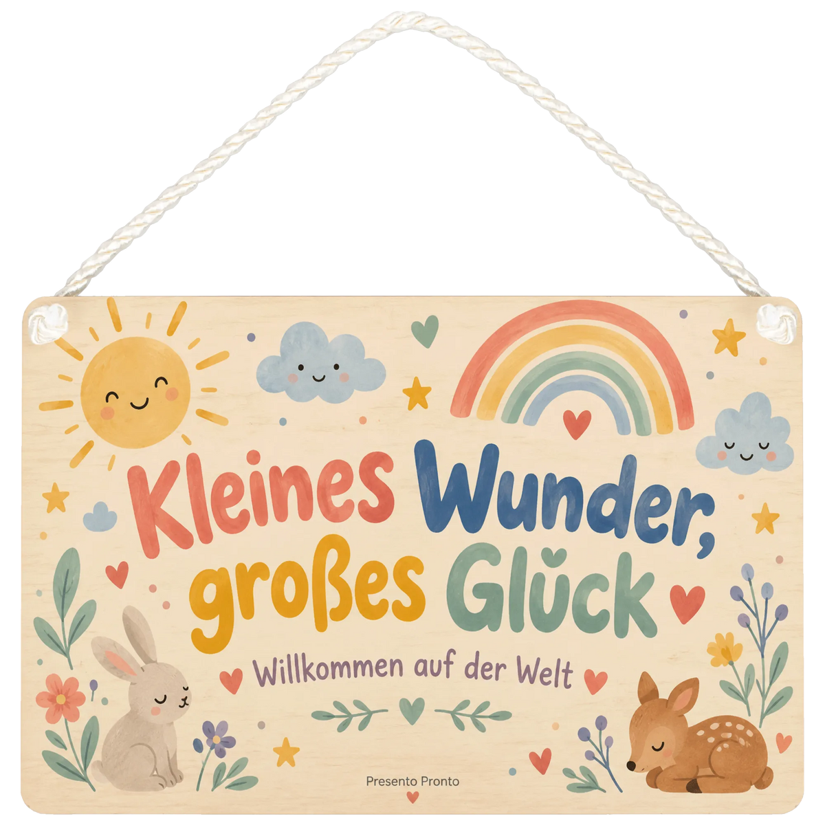 Süßes Holzschild zur Geburt mit lächelnder Sonne