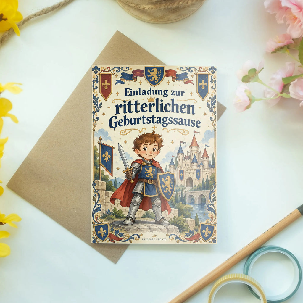 Lustige Einladungskarten zum Rittergeburtstag mit jungem Ritter|p:2019027|h:611ba6b3cbd12776d6f6fdf20dabd599