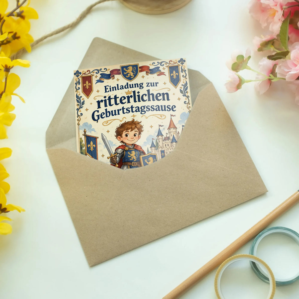 Lustige Einladungskarten zum Rittergeburtstag mit jungem Ritter