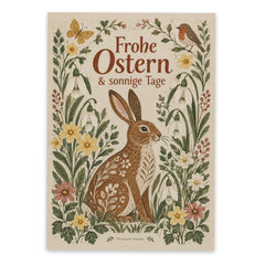 Fröhliche Osterpostkarte mit Hase zwischen Frühlingsblumen