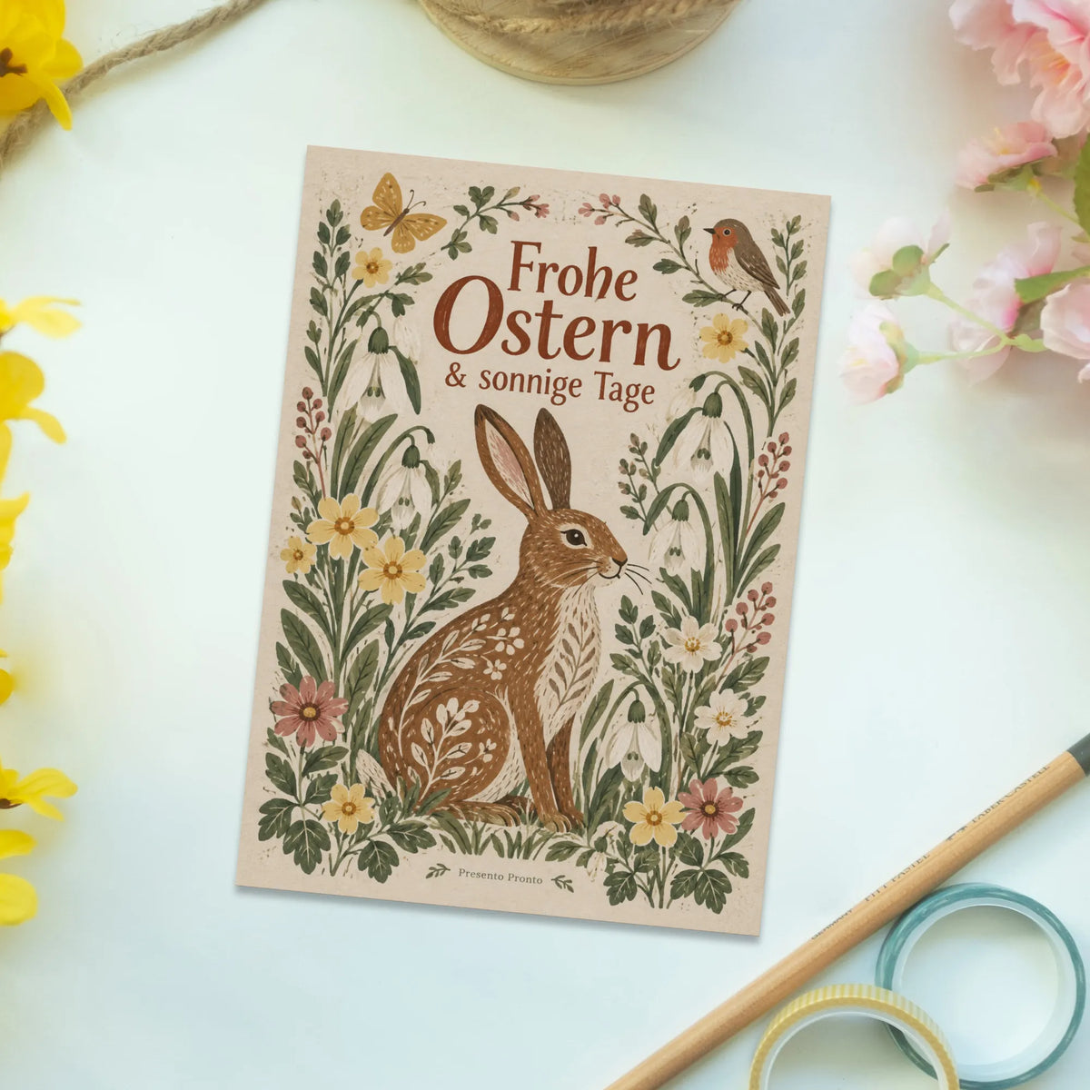 Fröhliche Osterpostkarte mit Hase zwischen Frühlingsblumen