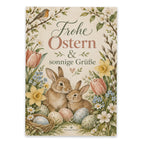 Sonnige Postkarte zu Ostern mit Tulpen und Osterhasen|p:2019032|h:e454ea52902b1b20e703013f52898f0f