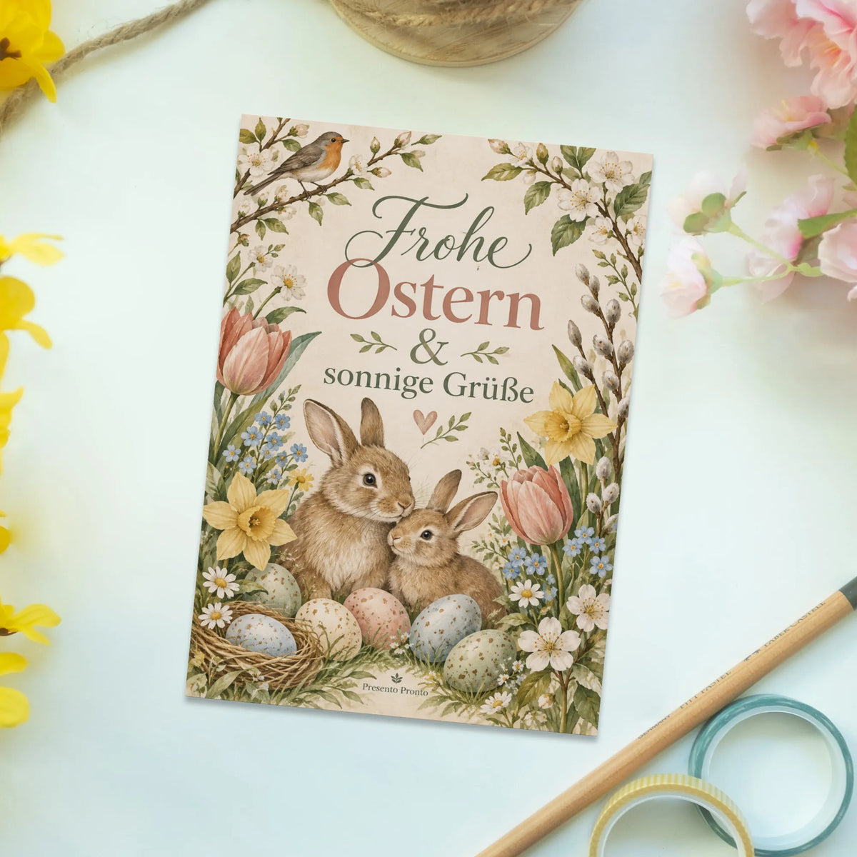 Sonnige Postkarte zu Ostern mit Tulpen und Osterhasen