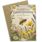 Fröhliche Geburtstagskarte mit Biene und Wildblumen|p:2019036|h:c4e2506302ad626b4e6688f6face8b62