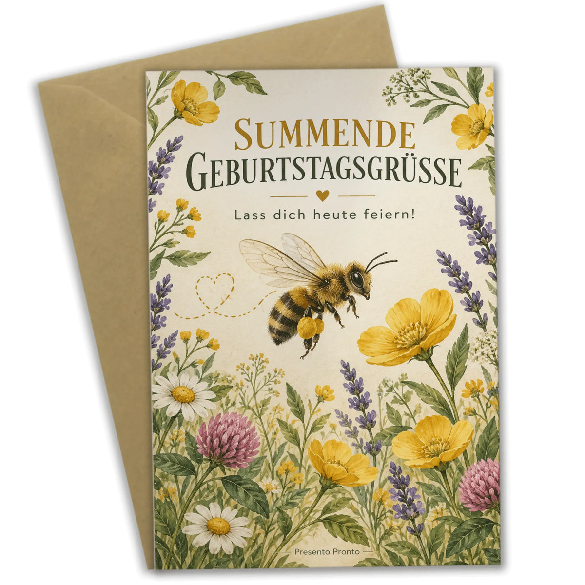 Fröhliche Geburtstagskarte mit Biene und Wildblumen
