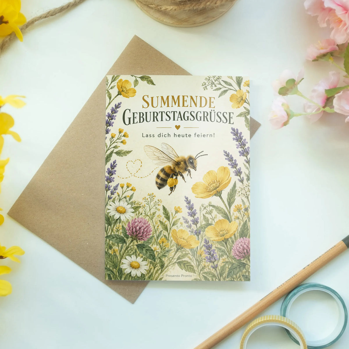 Fröhliche Geburtstagskarte mit Biene und Wildblumen
