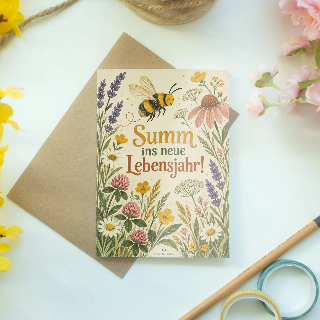 Fröhliche Geburtstagskarte mit Biene und Wildblumen|p:2019038|h:23ddf08b071fd9fcf8870dd415488b67
