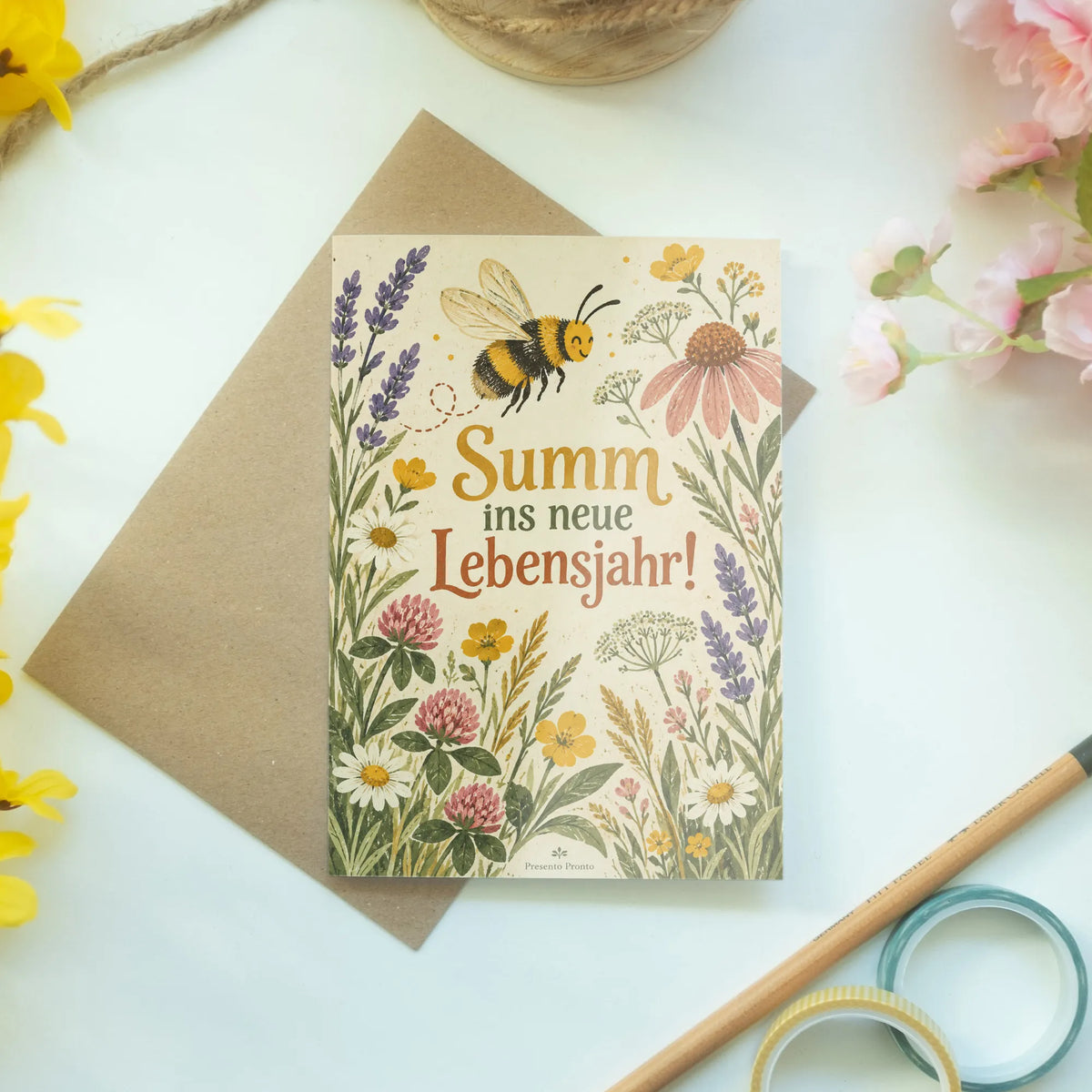 Fröhliche Geburtstagskarte mit Biene und Wildblumen