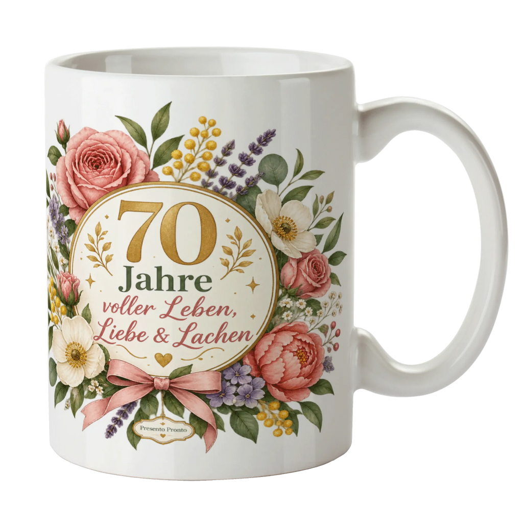 Elegante Tasse zum 70. Geburtstag für Frauen mit Blumenstrauß|p:2019039|h:4e7b208f4db5af713c23408cdad7b8be