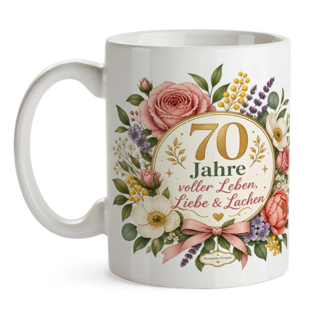 Elegante Tasse zum 70. Geburtstag für Frauen mit Blumenstrauß|p:2019039|h:18f8efeacbecef34e1ce4b877f9deaf4