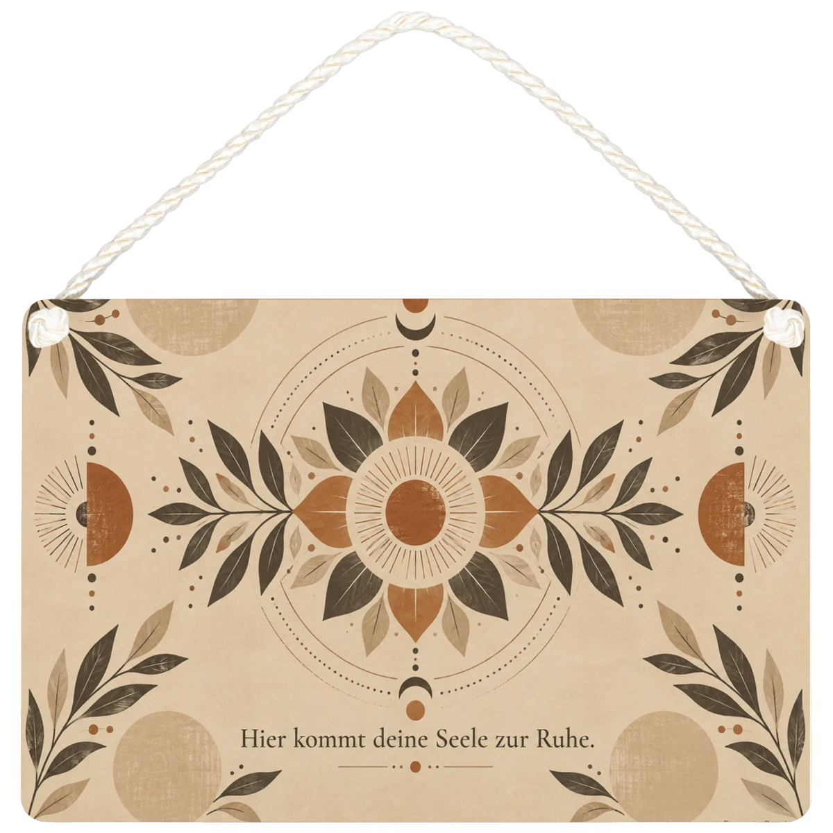Entspannendes Holzbild mit botanischem Mandala für Ruhe