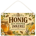 Rustikales Schild für Honig aus eigener Imkerei mit Honigglas