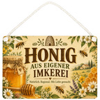 Rustikales Schild für Honig aus eigener Imkerei mit Honigglas|p:2019085|h:d84b2162fd99e18baaca89d94dbcf0d2