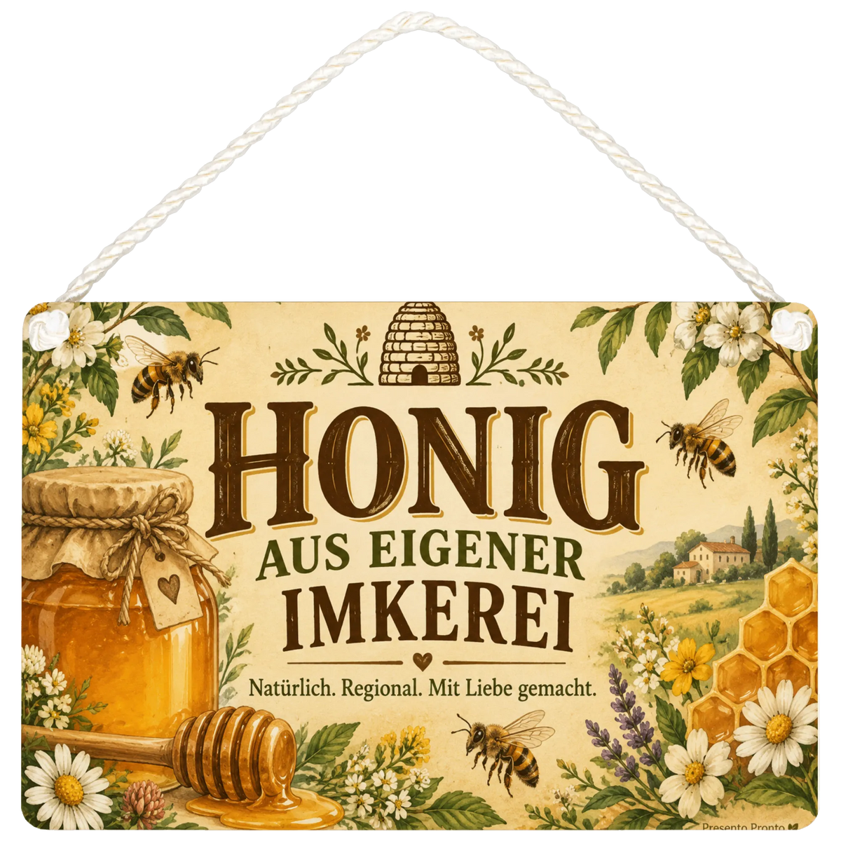 Rustikales Schild für Honig aus eigener Imkerei mit Honigglas