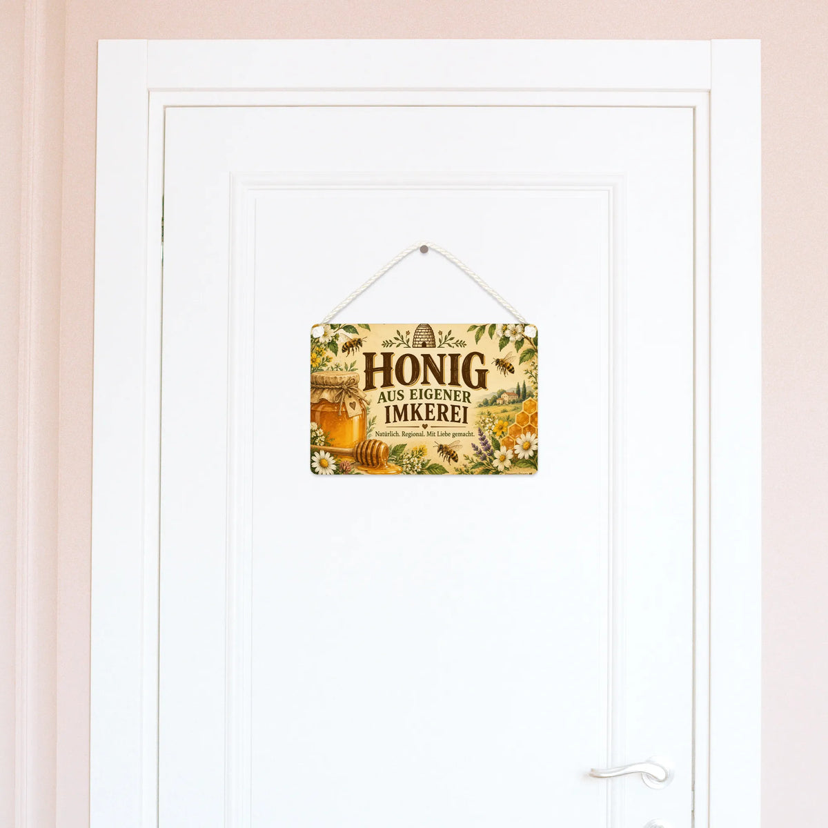 Rustikales Schild für Honig aus eigener Imkerei mit Honigglas