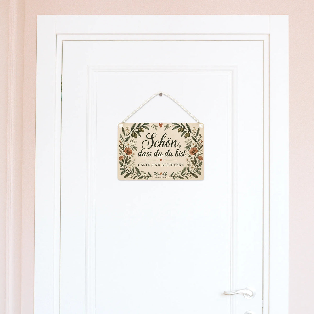 Herzliches Schild für Gäste mit Blumenbogen