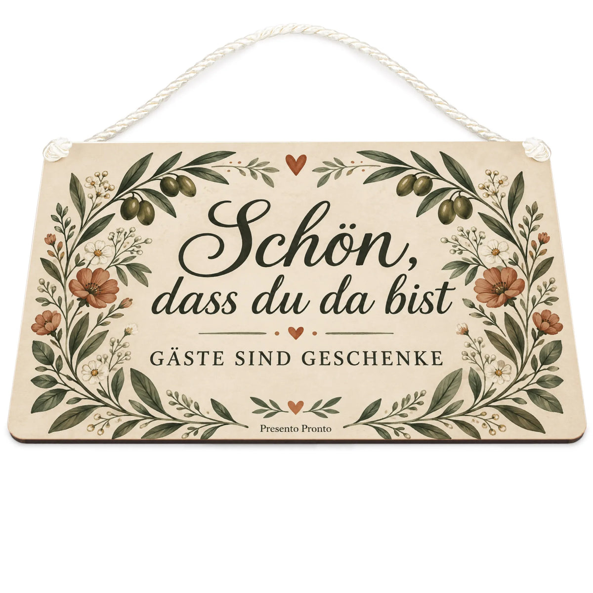 Herzliches Schild für Gäste mit Blumenbogen