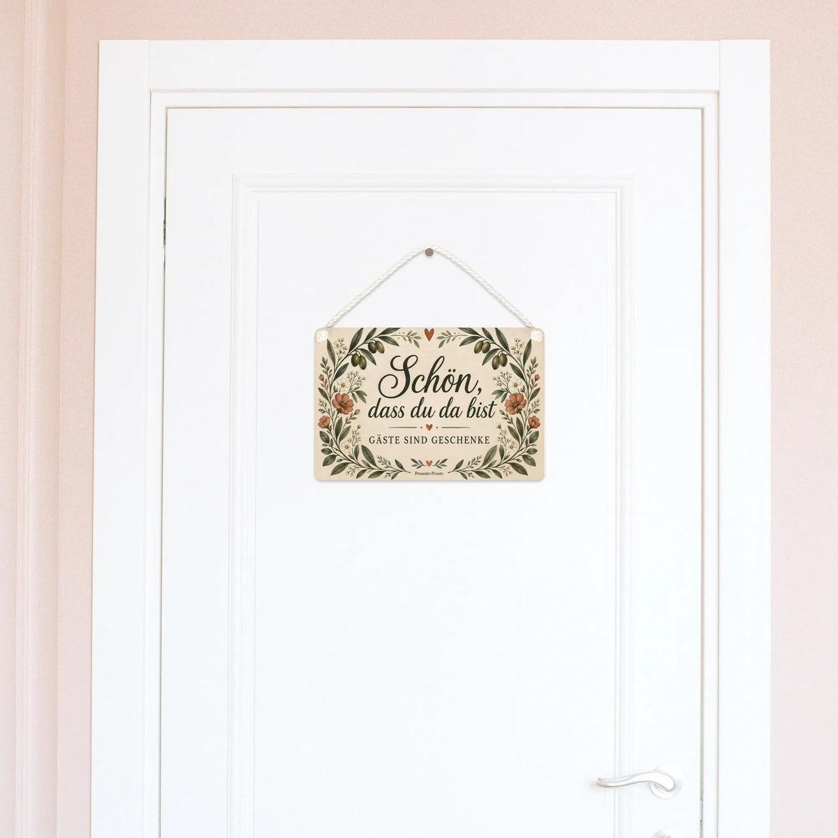 Herzliches Schild für Gäste mit Blumenbogen
