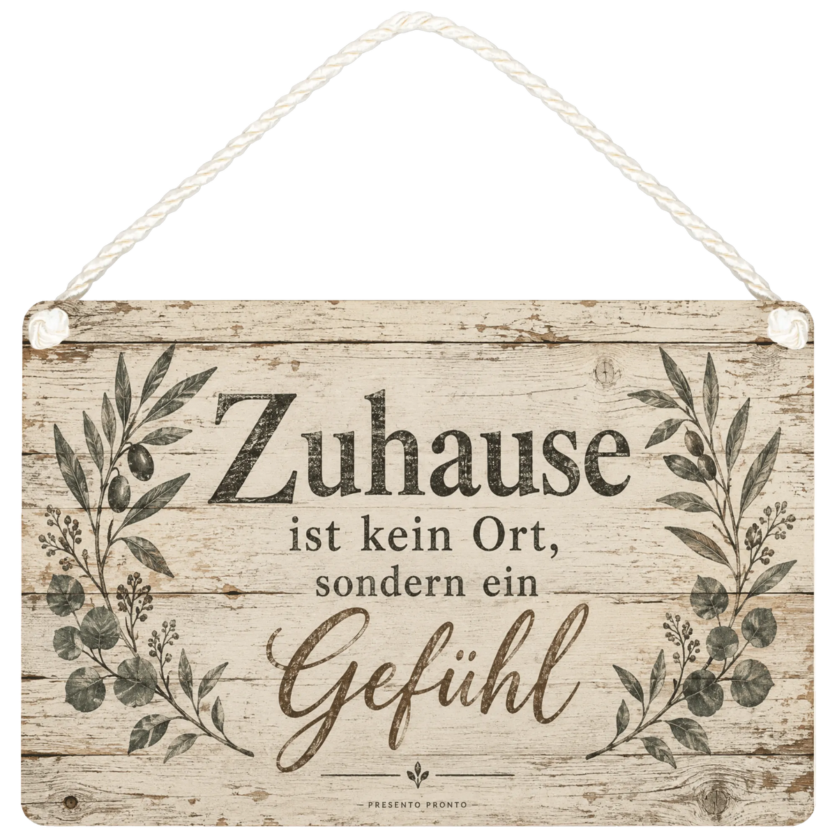Gemütliches antikes Holzschild für Zuhause mit Olivenzweigen
