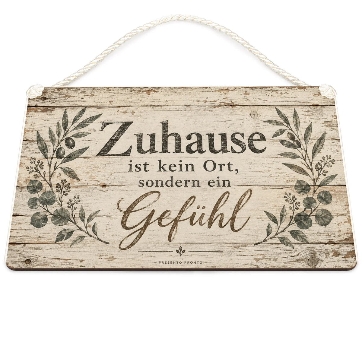 Gemütliches antikes Holzschild für Zuhause mit Olivenzweigen
