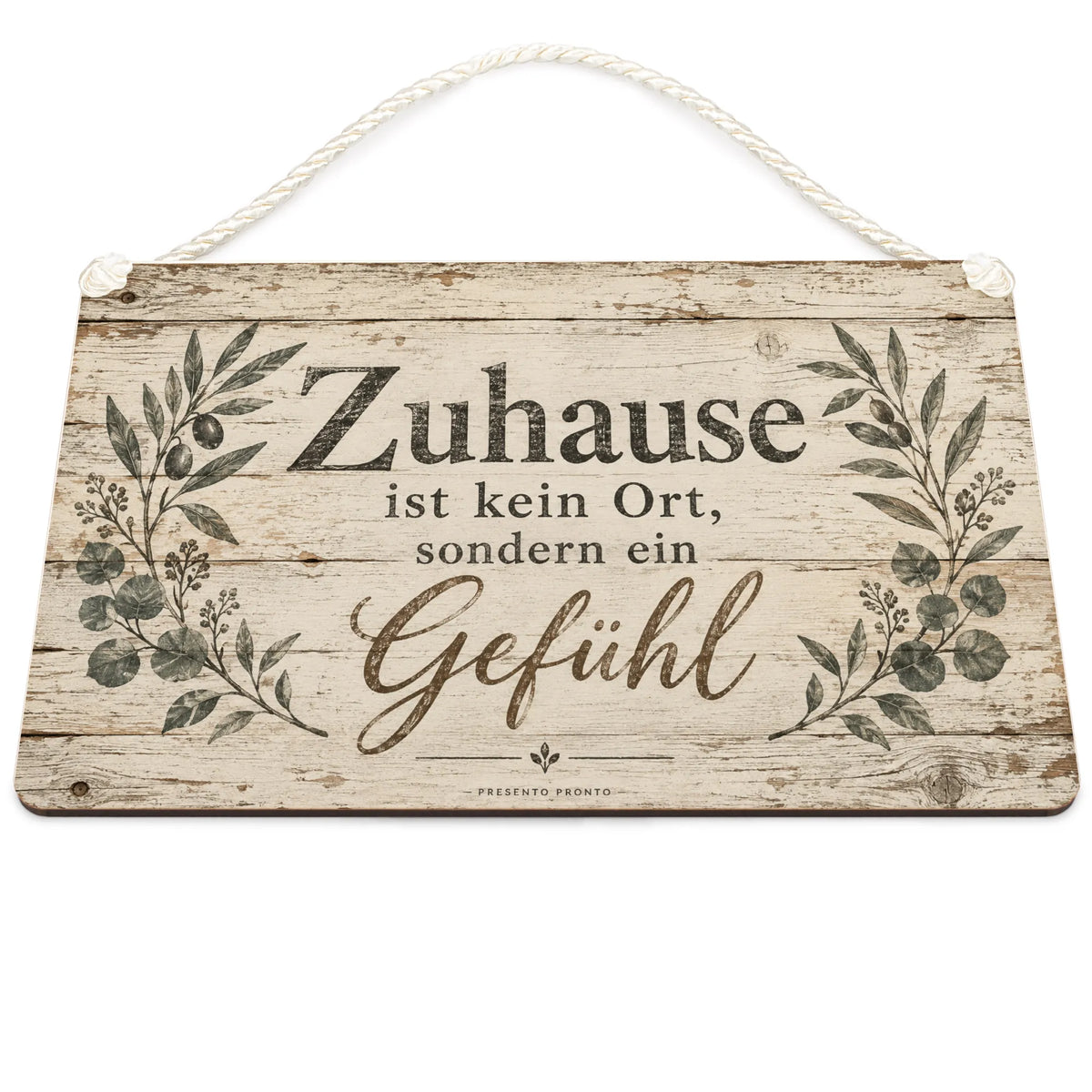Gemütliches antikes Holzschild für Zuhause mit Olivenzweigen